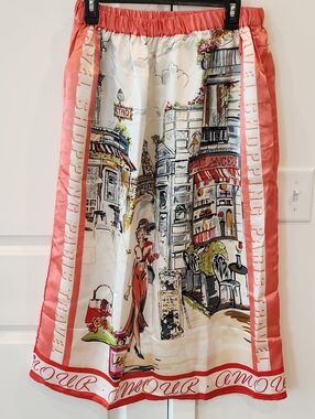 Parisian-Print Midi Skirt in Coral and Ivory